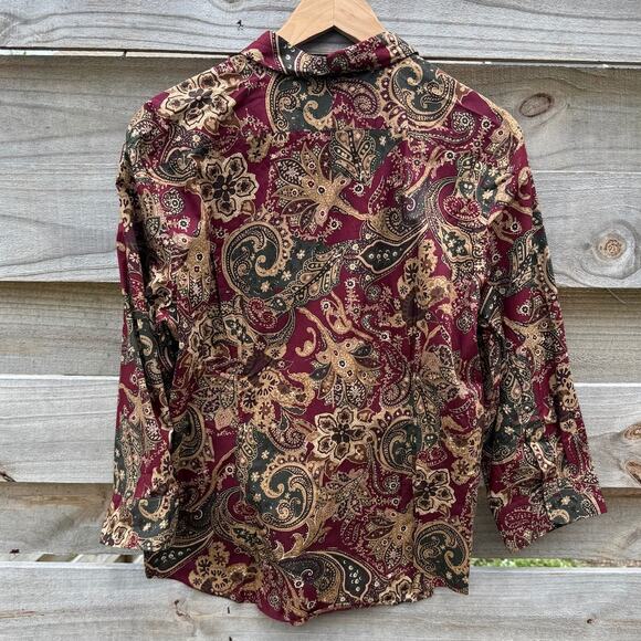 Chaps No Iron Button Up Shirt Womens XL Red Paisley Long Sleeve Cotton - Picture 2 of 5